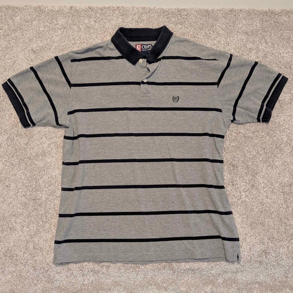 Chaps Ralph Lauren Mens Gray Black Stripe Short Sleeve Polo Shirt Size XL